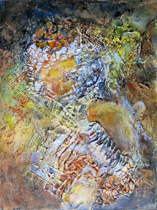 “Later that Night,” JoAnne Lobotsky, 2015 (acrylic and modeling paste on panel, 16 x 12 inches)