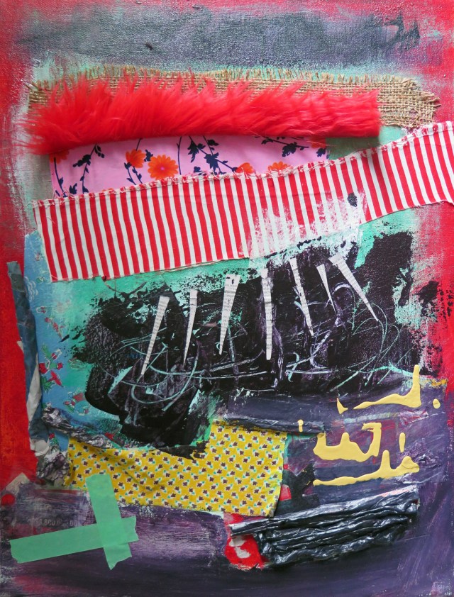 “Some Birds of the Tropics,” JoAnne Lobotsky, 2015 (acrylic, faux fur, newspaper, cloth and tape on canvas, 24 x 18 inches)