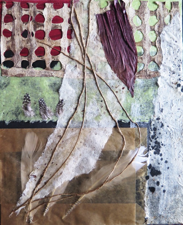 “Before They Knew,“ JoAnne Lobotsky, 2015 (acrylic, ink, burlap and other threads, wax paper bag, feathers, corn husk and handmade paper on canvas, 14 x 11 inches)