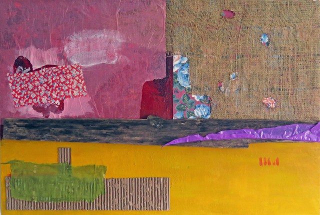 “Beginner,“ JoAnne Lobotsky, 2015 (acrylic, paper, fabric, cardboard, plastic and wood on panel, 24 x 36 inches)