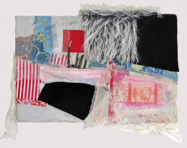 “Detour,“ JoAnne Lobotsky, 2015 (fabric, faux fur, felt, silk, paper, sticks and cheesecloth on canvas, 16 x 24 inches, including support)