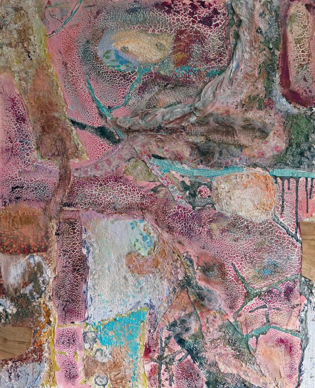 “Overland to the River,” JoAnne Lobotsky, 2016 (acrylic, modeling paste, faux fur, cheesecloth, burlap, textiles, glitter and wood veneer paper on panel, 30 x 24 inches)