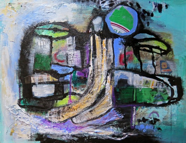 “Messenger,” JoAnne Lobotsky, 2016 (acrylic, cheesecloth, paper, newspaper and plastic on canvas, 18 x 24 inches)